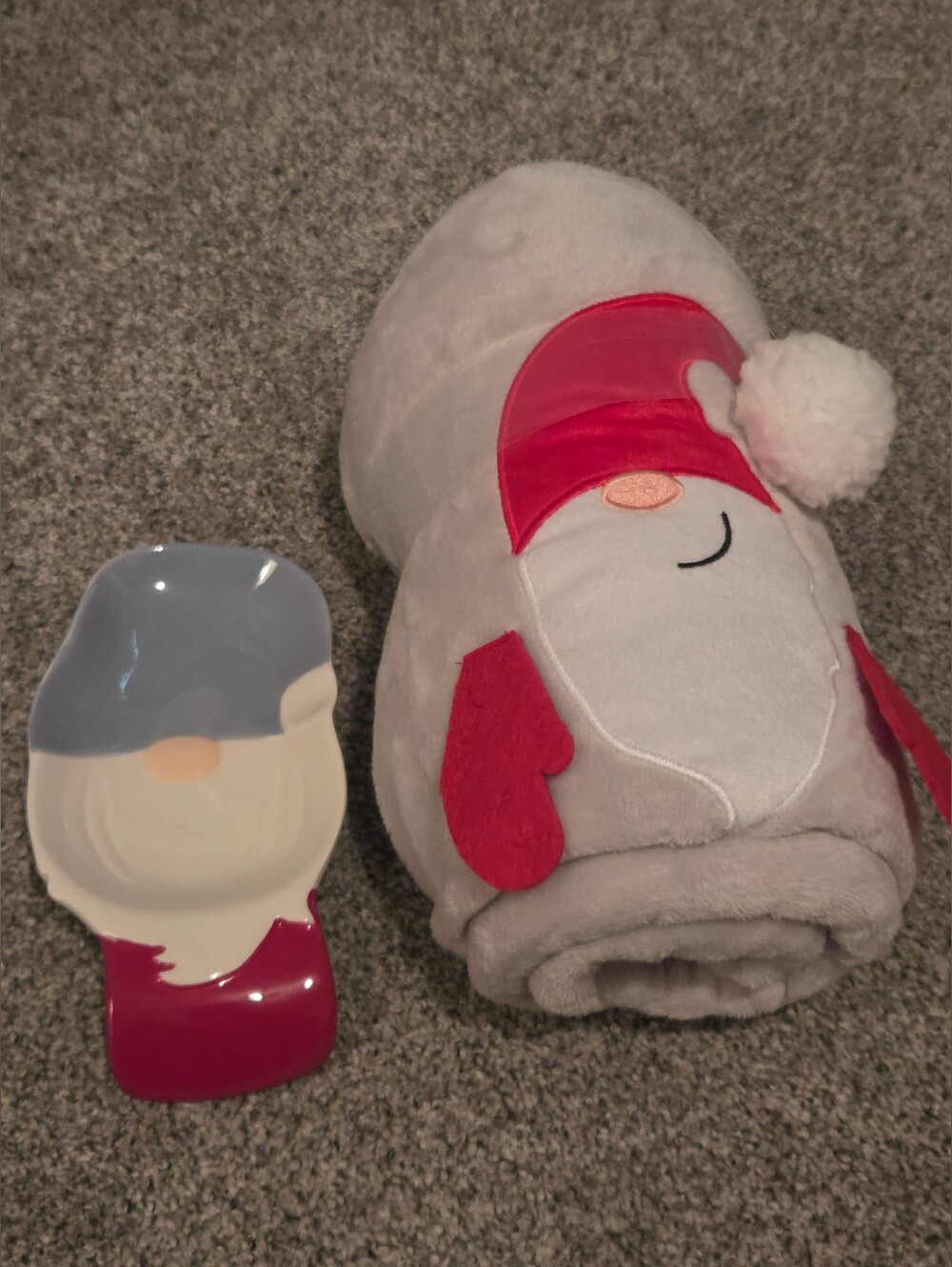 Gray and Red Gnome Plush Throw + Matching Gnome Spoon Rest
